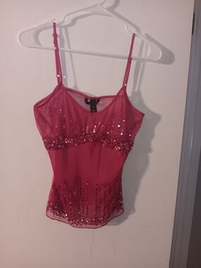 H&M Pink Sequin Mesh Spaghetti Strap Cami